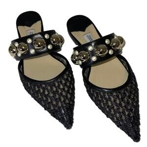 Jimmy Choo Black Basette Front Woven Mesh Pointed Toe Slip On Flat Mules Size 37